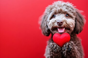 Promotion idea. Lagotto romagnolo - my desired dog. Cute lagotto romagnolo hound with companion toy red heart - emblem of love, funny greeting card. Valentine's pet ideas. Heart and dog.