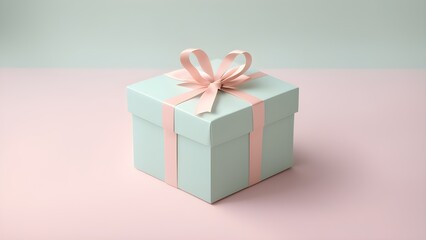 Fototapeta premium Pastel green gift box with a pink ribbon on a pink and mint green background.