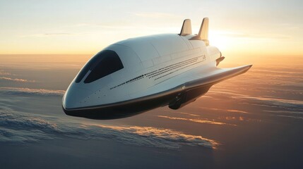 Fototapeta premium Futuristic Spaceship Soaring Above Clouds at Sunset