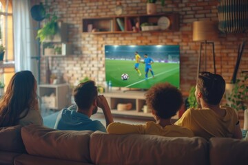 Friends watching soccer match room architecture electronics.