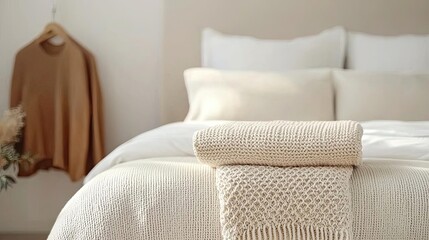Clean design minimalist concept. A cozy, well-decorated bedroom featuring soft bedding and a knitted blanket.