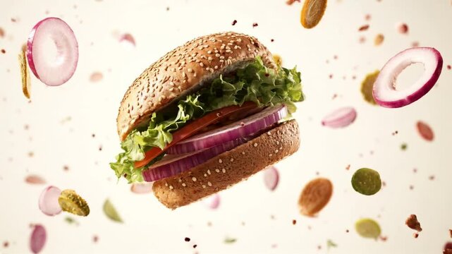 Hamburguesa apetitosa flotante con ingredientes frescos en movimiento