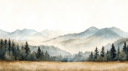 A serene landscape featuring misty mountains and a grassy foreground, surrounded by tall pine trees under a light sky.