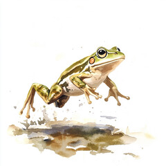 Minimalist Scene of a Frog Leaping Over a Small Puddle in Nature Capturing the Essence of Playfulness and Freedom in a Serene Environment