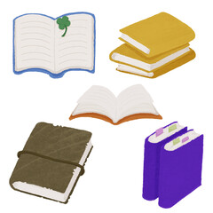 様々な本の手描きのカラーイラストのセット
