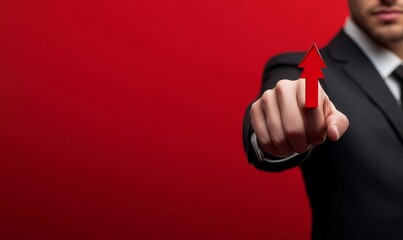 Businessman Pointing Towards Future Growth with Arrow on Red Background - Corporate Leadership, Vision, and Strategy Concept, Generative AI