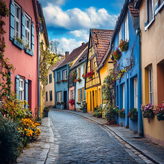 Charming Cobblestone Lane: A picturesque street lined with colorful, half-timbered houses, adorned with vibrant flowers. The cobblestone road curves gently, inviting exploration.  