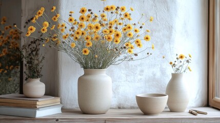 Tranquil Minimalist Decor with Yellow Flowers and Ceramic Vases. Generative AI