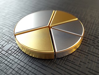 Metallic pie chart with gold and silver segments on a textured grey background