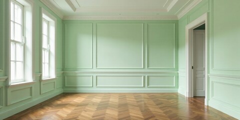 Elegant Empty Room with Pale Green Walls and Herringbone Floor