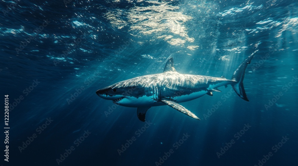 Poster beneath the shimmering surface, a majestic great white shark glides effortlessly through crystal-cle