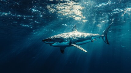 Fototapeta premium Beneath the shimmering surface, a majestic Great White Shark glides effortlessly through crystal-clear waters, illuminated by soft beams of sunlight filtering down from above