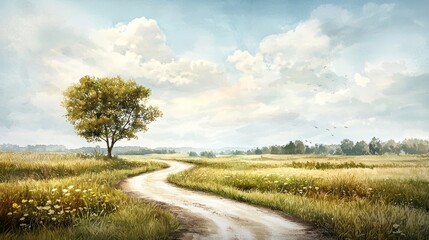 A serene landscape featuring a winding dirt road through a lush, grassy field with a solitary tree under a bright, cloud-filled sky.