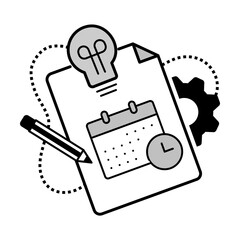 Event Planning Icon – Calendar with Document, Gear, and Pencil Representing Scheduling and Coordination