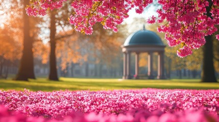Obraz premium Serene Springtime Garden: Pink Blossom Paradise and Gazebo