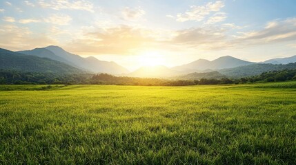 Obraz premium A serene landscape featuring a lush green field under a vibrant sky, with mountains in the background and sunlight breaking through the clouds.