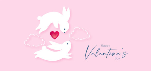Happy Valentine's day congratulation card template with cute rabbits in love. Expression of tender feelings