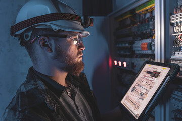 Electrician in overalls, focused on work in switchboard with fuses, using tablet.