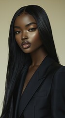 Fototapeta premium In a minimalist setting, a stunning Black woman stands confidently, her long straight hair cascading down. Her elegant attire enhances her poise, showcasing timeless beauty and strength