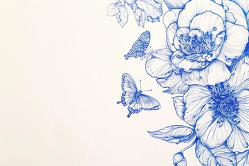 Fototapeta premium Vintage drawing camellia and butterfly border sketch invertebrate illustrated.