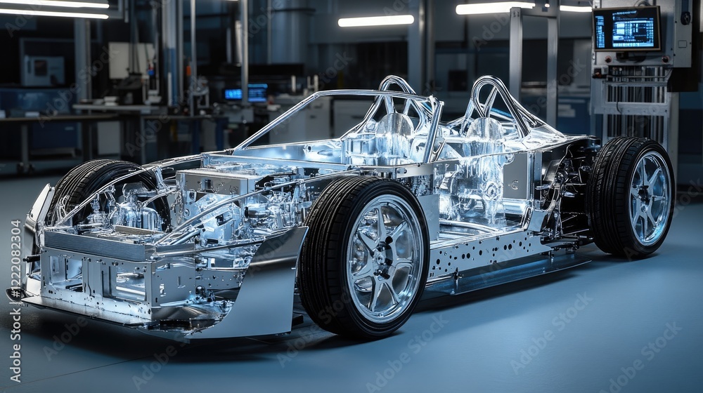 Poster a 3d hologram of an electric sport car chassis in an automated factory, showcasing intricate details