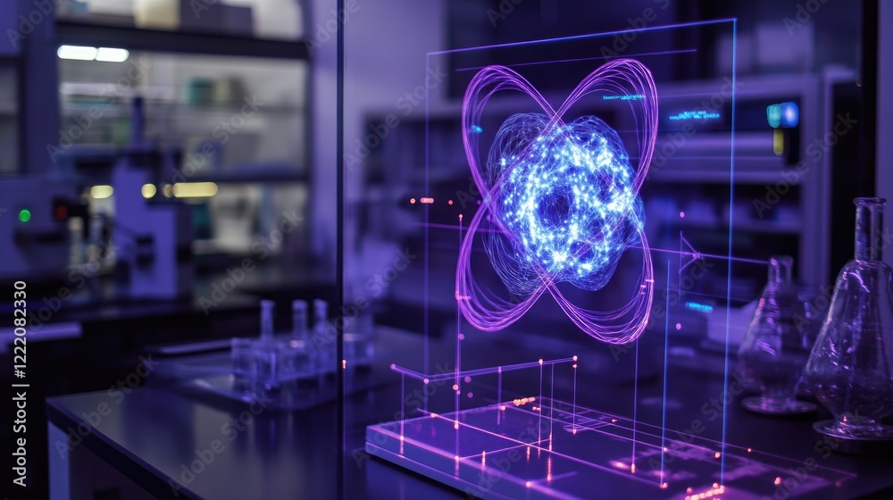 Poster A 3D holographic model of an efficient energy storage system displayed on a digital screen in a research laboratory, emphasizing cutting-edge technology and scientific innovation