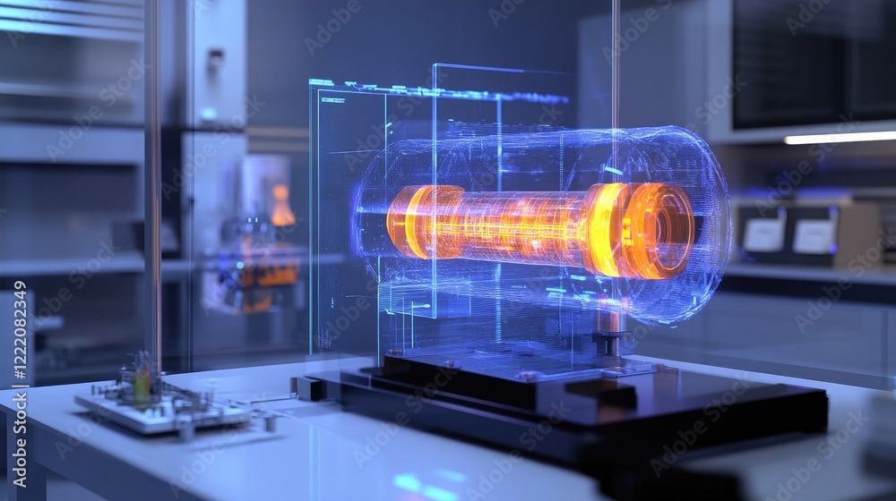 Poster A 3D holographic model of an efficient energy storage system displayed on a digital screen in a research laboratory, emphasizing cutting-edge technology and scientific innovation