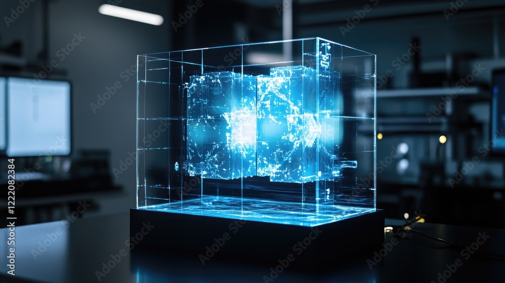 Poster A 3D holographic model of an efficient energy storage system displayed on a digital screen in a research laboratory, emphasizing cutting-edge technology and scientific innovation