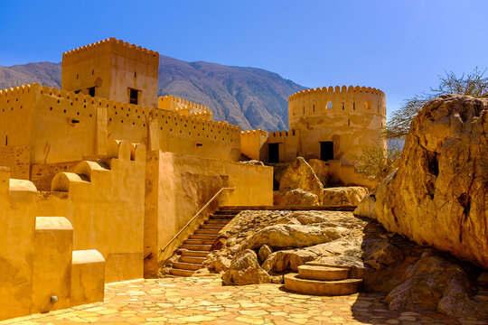Rustaq/Oman - February 3 2015: Al Rustaq Fort was built in the 13th century, surrounded by mountains.