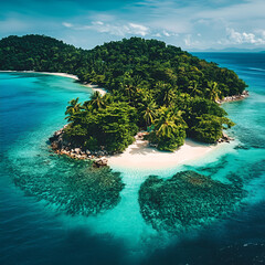 Fototapeta premium Secluded Tropical Paradise: An aerial perspective captures a serene island with a pristine white sand beach, lush greenery, and crystal-clear turquoise waters teeming with vibrant coral reefs.