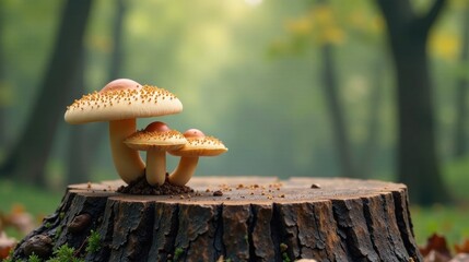 Forest Fungi Family Thriving on a Rustic Tree Stump in a Serene Woodland Setting