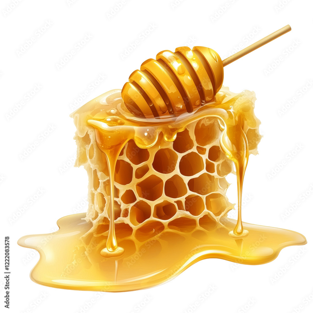 Poster A digitally rendered image shows a chunk of honeycomb with honey dripping onto a black background a honey dipper rests atop the honeycomb.