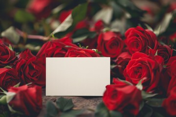 Blank Card Surrounded by Vibrant Red Roses on Natural Background