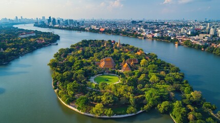 Fototapeta premium A breathtaking aerial view of the Chao Phraya River flowing through Bangkok, with iconic landmarks like Wat Arun and the Grand Palace, framed by the modern city skyline