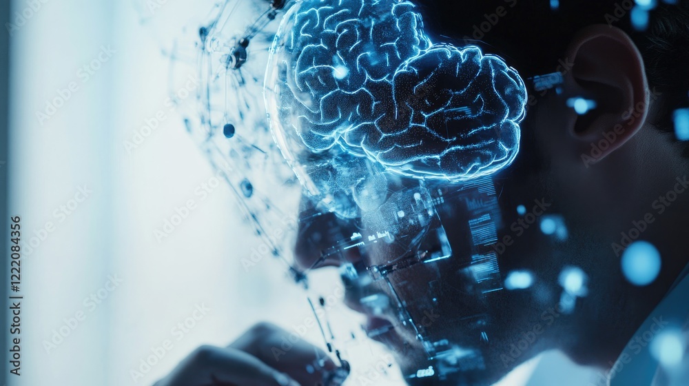 Poster a close-up of a doctor using innovative technology to check brain test results, highlighting ai soft