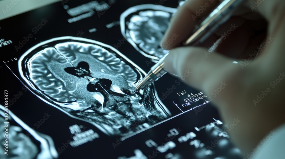Poster a close-up of a doctor using innovative technology to check brain test results, highlighting ai soft