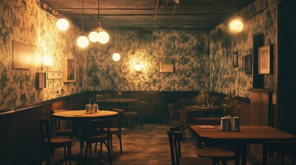 Retro-inspired corner cafe with faded wallpaper, wooden tables, and glowing hanging lights