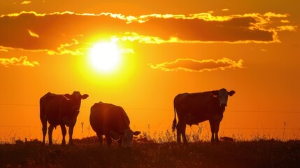 Naklejka premium Cows silhouetted at sunset, pasture, rural landscape, farm