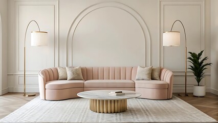 Fototapeta premium Living room interior with sophisticated blush pink sectional sofa, white marble center table, gold floor lamps, textured area rug, neutral wall molding, cozy ambiance, and minimalist elegance