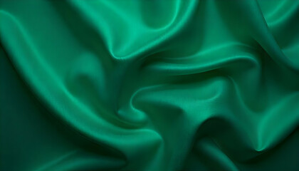 Obraz premium Dark green silk satin background. Beautiful soft folds on the smooth surface of the fabric. Luxury background with copy space for design. Wide banner. Top view. Flat lay
