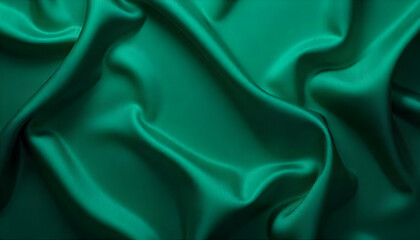 Fototapeta premium Dark green silk satin background. Beautiful soft folds on the smooth surface of the fabric. Luxury background with copy space for design. Wide banner. Top view. Flat lay