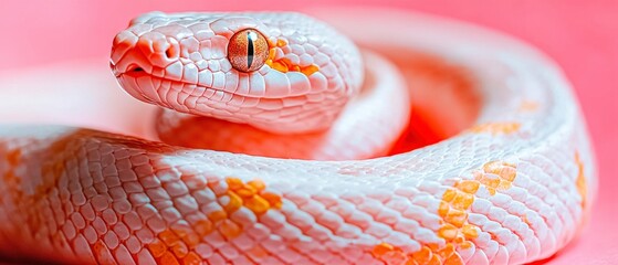 Fototapeta premium Pink Snake Coiled on Pink Background Reptile Closeup Animal Scales Wildlife Nature