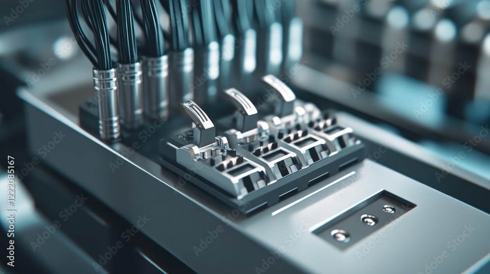 Aufkleber a collection of fiber optic connectors attached to a control box in a clean, technical setting, symb
