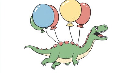 Obraz premium Colorful Dinosaur with Balloons Flying in a Whimsical Style