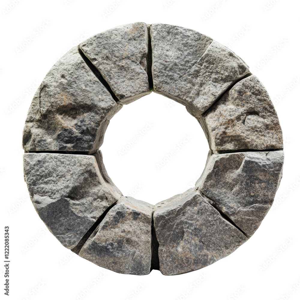 Poster a circular stone artifact composed of numerous segmented pieces shows signs of age and weathering.