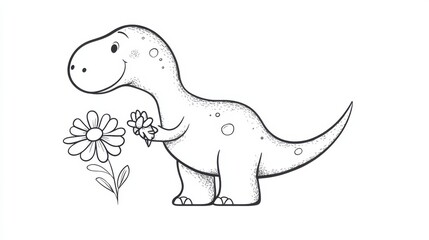 Happy Cartoon Dinosaur Holding Flower in Black and White Outline