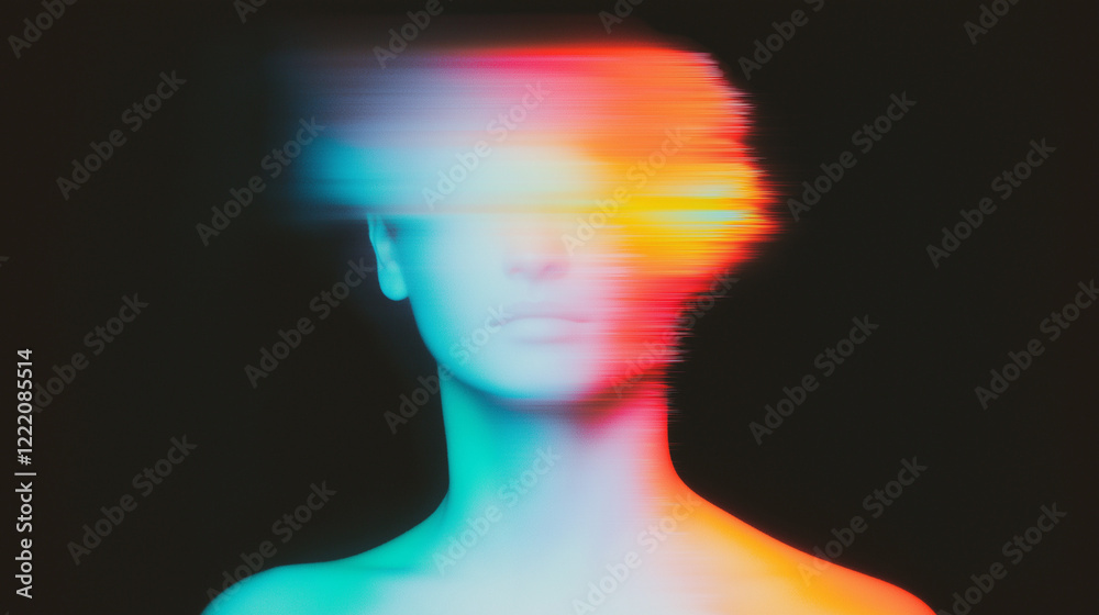 Poster abstract surreal human figure blending with soft, diffused colors on a black background. ethereal de
