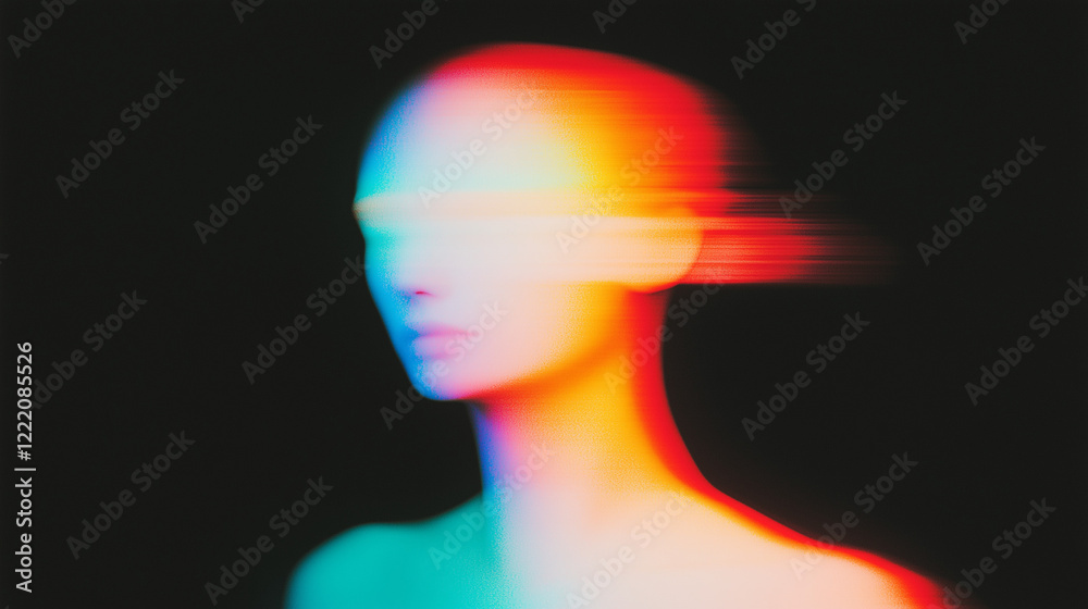 Poster abstract surreal human figure blending with soft, diffused colors on a black background. ethereal de