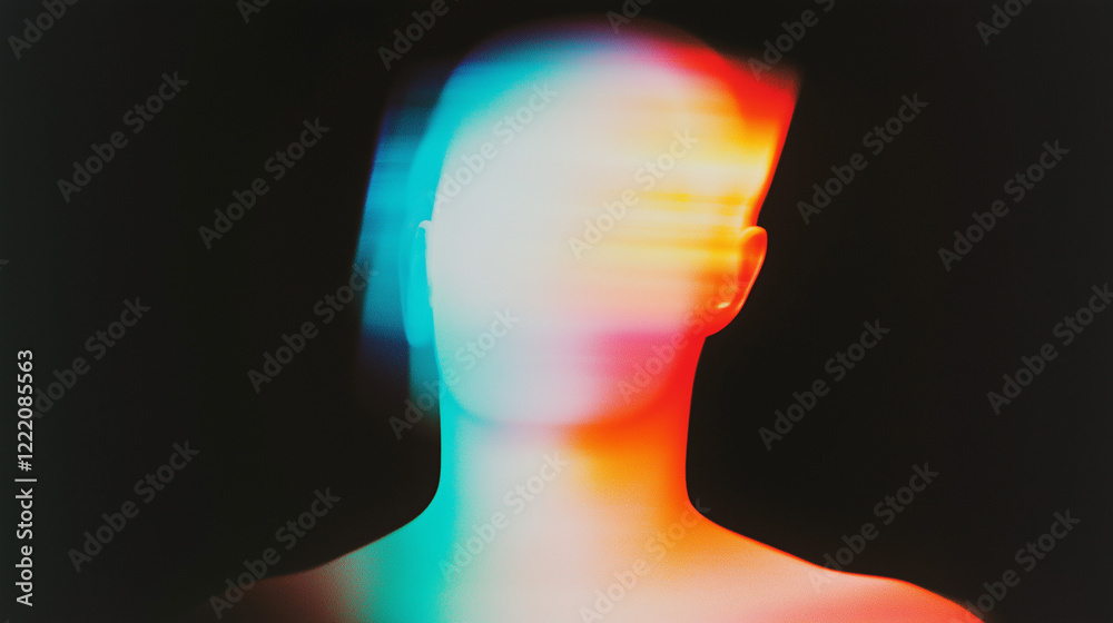 Poster abstract surreal human figure blending with soft, diffused colors on a black background. ethereal de