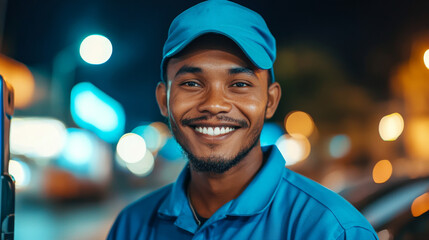 A joyful delivery professional in a blue outfit smiles confidently, set against a beautiful city nightscape with glowing streetlights. The image conveys positivity, professionalism, and friendliness.
